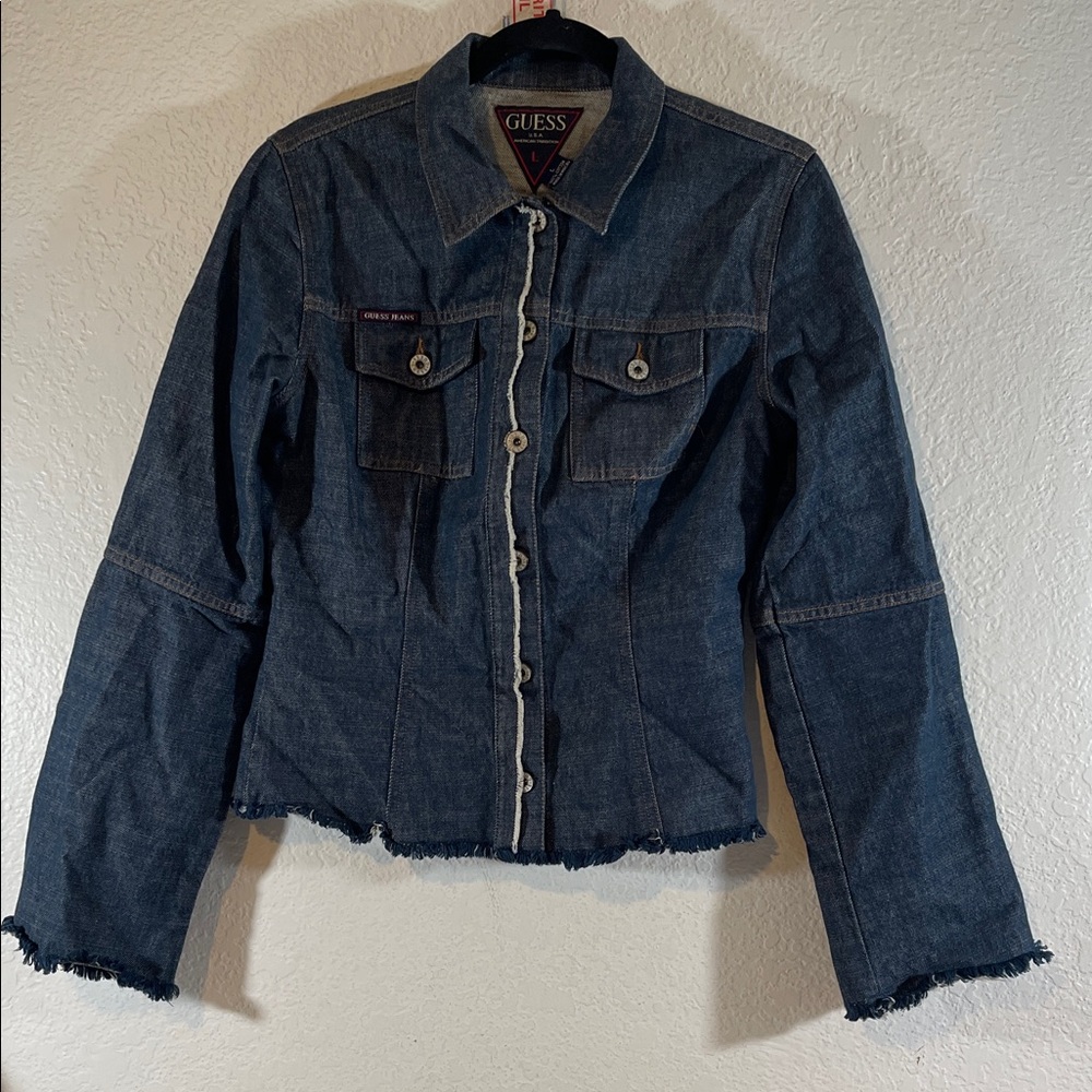 GUESS Blue Denim Jean Jacket Frayed Distressed Hem Size Large Vintage
